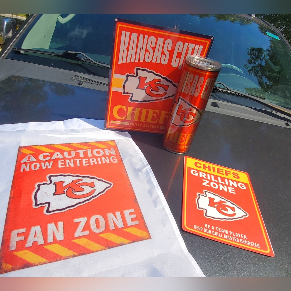 NFL Bundle Includes tumbler, 2 metal man cave signs, and a garden flag.